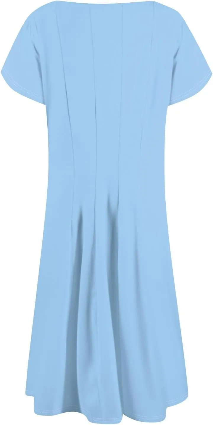 Womens Casual Dress for Summer Solid/Floral Short Sleeve Pleated T-Shirt Dress Loose Beach Midi Sundress with Pockets