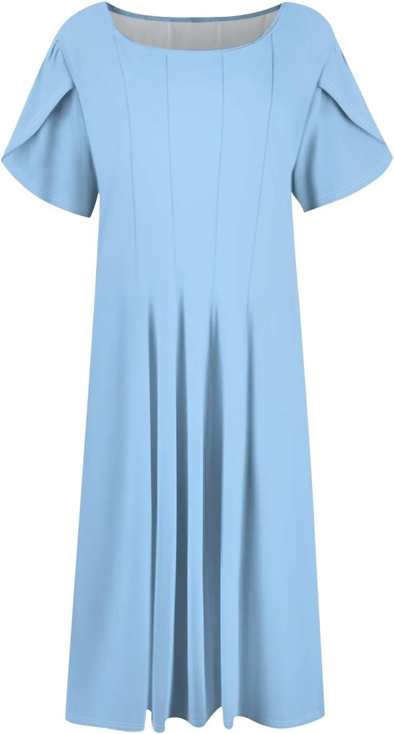 Womens Casual Dress for Summer Solid/Floral Short Sleeve Pleated T-Shirt Dress Loose Beach Midi Sundress with Pockets