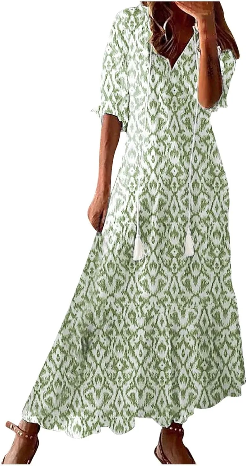 Women's Casual Loose Bohemian Floral Dresses 2024 3/4 Sleeve V Neck Ruffle A Line Flowy Summer Beach Dress
