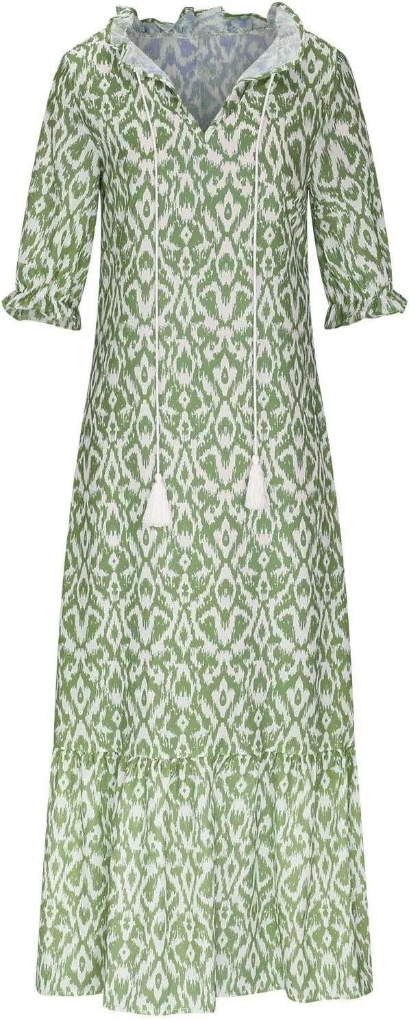 Women's Casual Loose Bohemian Floral Dresses 2024 3/4 Sleeve V Neck Ruffle A Line Flowy Summer Beach Dress