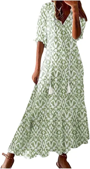 Women's Casual Loose Bohemian Floral Dresses 2024 3/4 Sleeve V Neck Ruffle A Line Flowy Summer Beach Dress