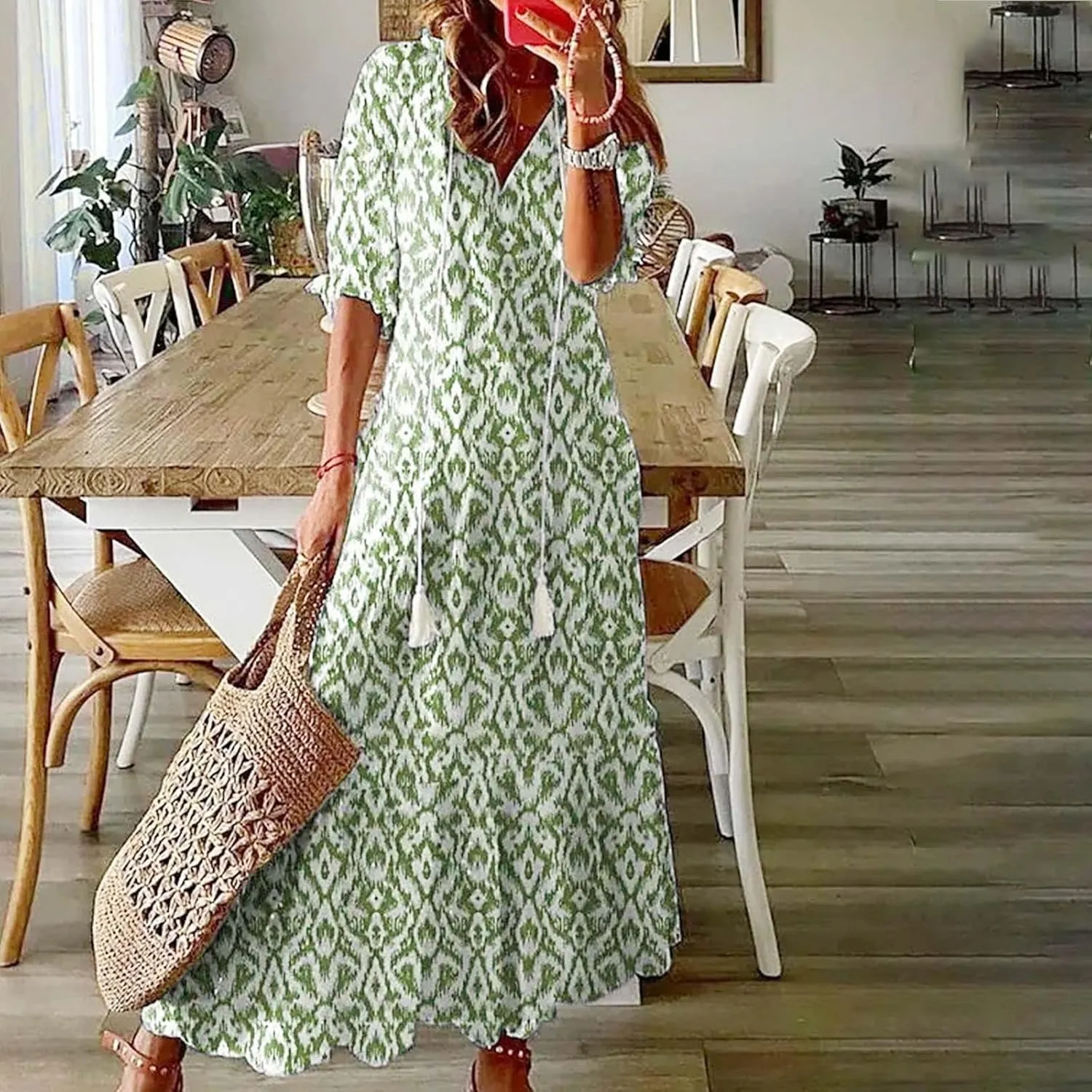 Women's Casual Loose Bohemian Floral Dresses 2024 3/4 Sleeve V Neck Ruffle A Line Flowy Summer Beach Dress