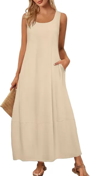 Women's Casual Maxi Sundress Summer Classic Solid Color Beach Dress Scoop Neck Sleeveless Loose Vacation Tank Dress
