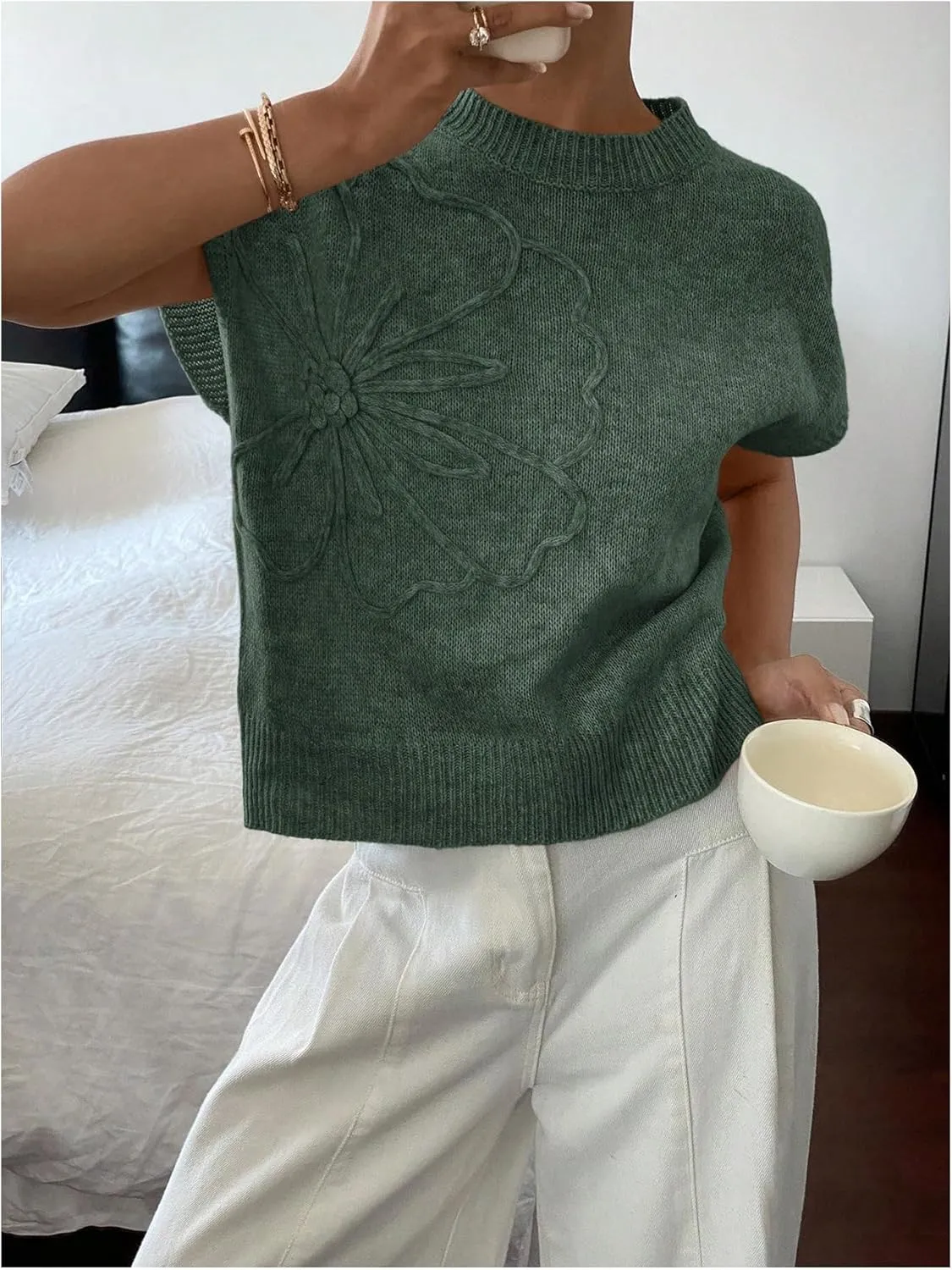 Women's Floral Short Sleeve Sweater Crew Neck Casual Pullover Tops Summer Knitwear
