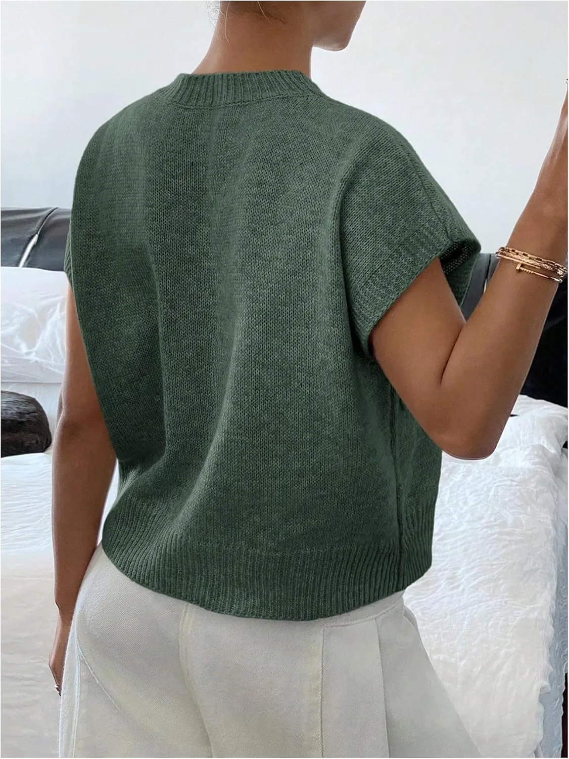 Women's Floral Short Sleeve Sweater Crew Neck Casual Pullover Tops Summer Knitwear