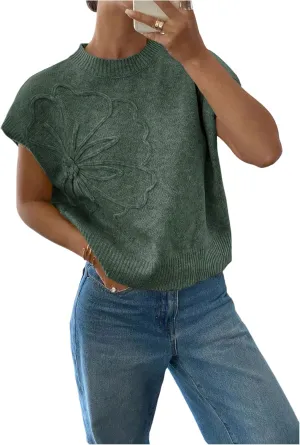 Women's Floral Short Sleeve Sweater Crew Neck Casual Pullover Tops Summer Knitwear