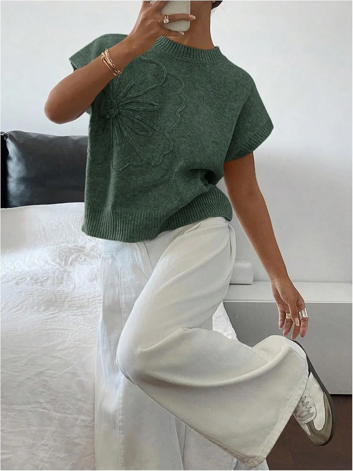 Women's Floral Short Sleeve Sweater Crew Neck Casual Pullover Tops Summer Knitwear