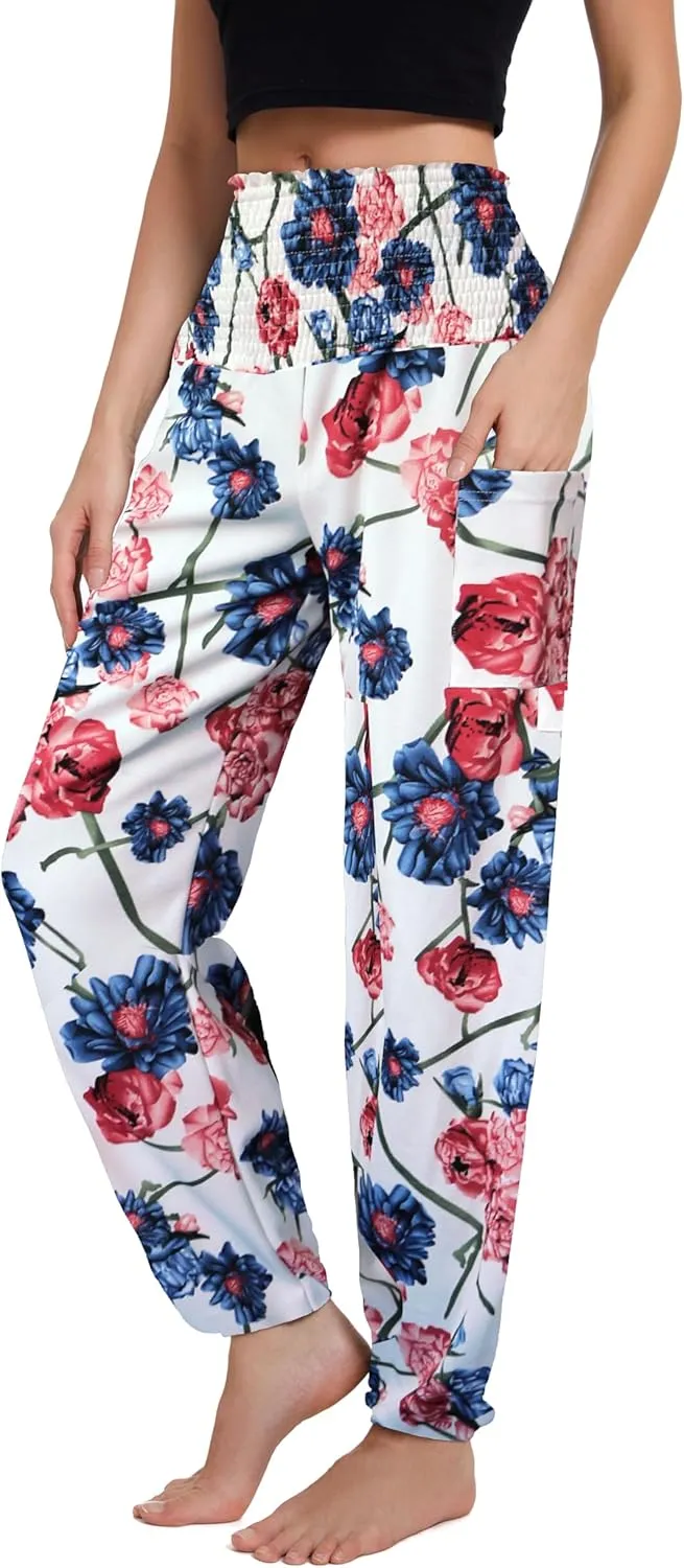 Women's Harem Pants with Pockets, High Waist Boho Pants Trousers Hippie Yoga Clothes