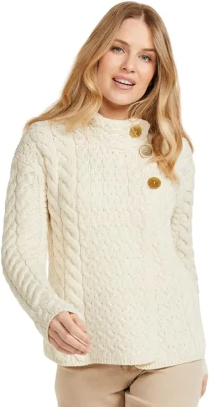 Womens Irish Cable Knitted Cardigan,100% Supersoft Merino Wool, Asymmetrical Design with Corozo Buttons