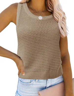 Womens Knit Sweater Vest Summer Tank Tops Round Neck Crochet Hollow Out Sleeveless Crop Top