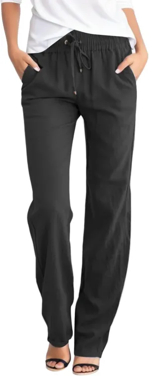 Womens Linen Pants Casual Elastic Waist Loose Summer Beach Pants Drawstring High Waisted Stright Leg Lounge Pants for Women
