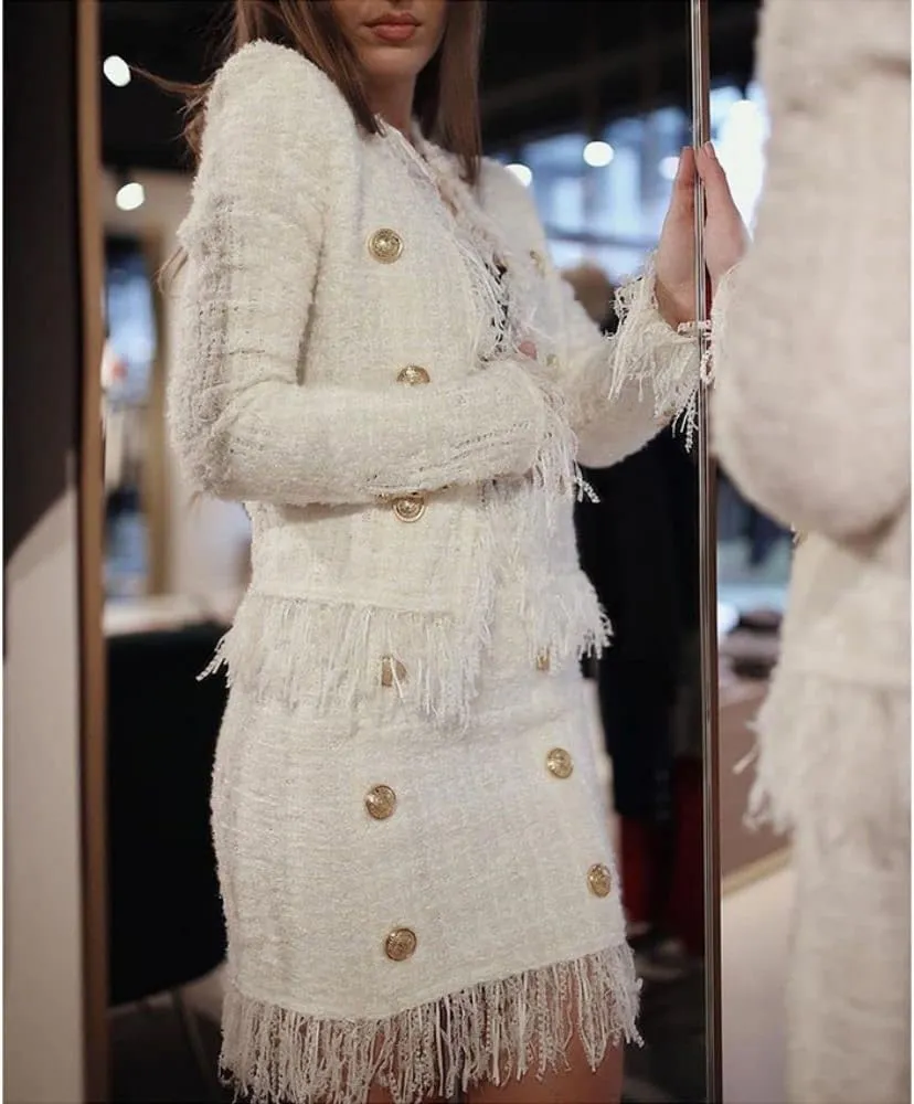 Women's Long Sleeve Plaid Tweed Open Front Cropped Jacket Work Office Pink White Fringes Blazer Coat