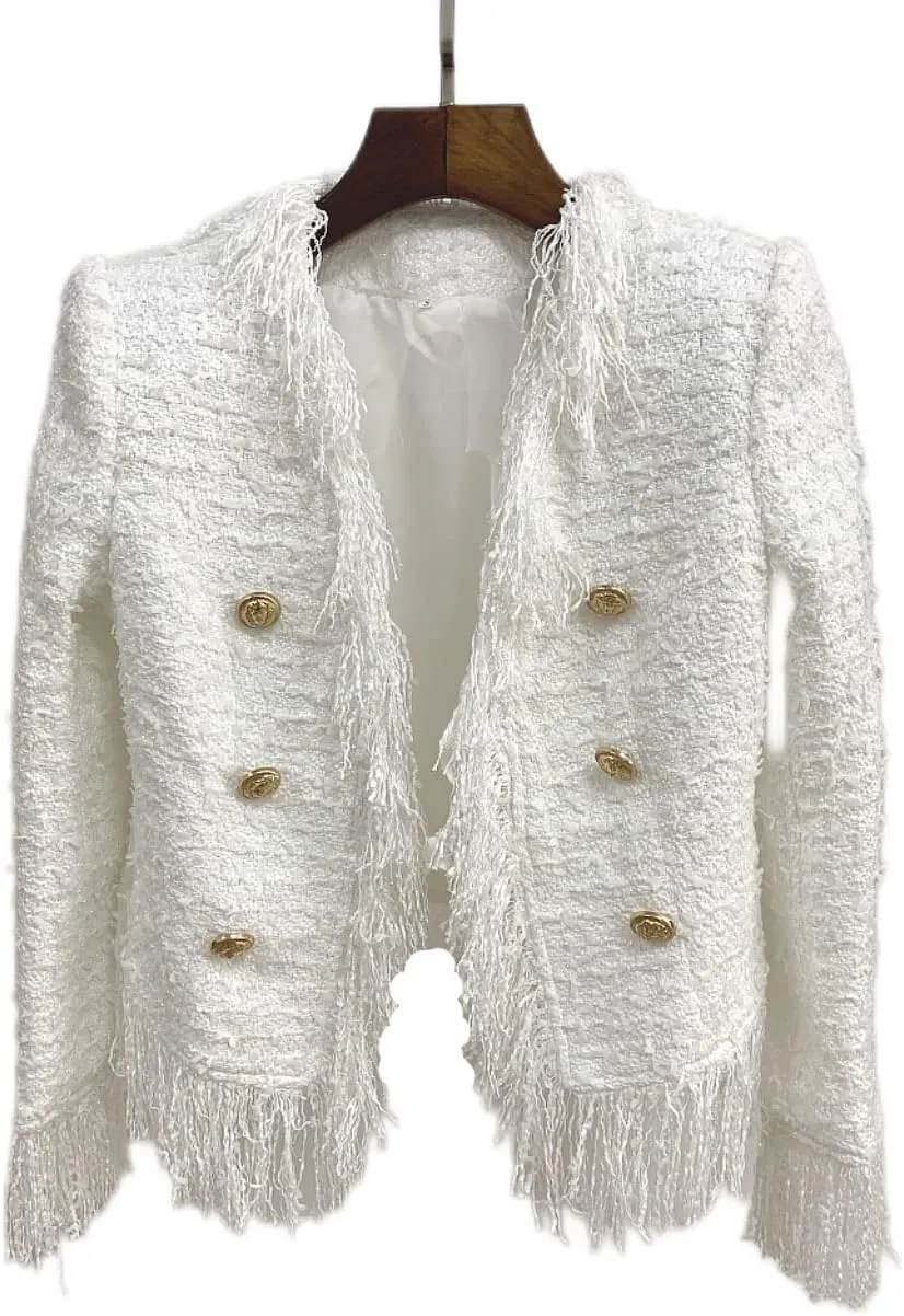 Women's Long Sleeve Plaid Tweed Open Front Cropped Jacket Work Office Pink White Fringes Blazer Coat