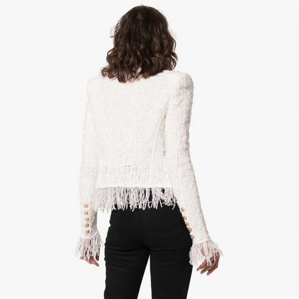 Women's Long Sleeve Plaid Tweed Open Front Cropped Jacket Work Office Pink White Fringes Blazer Coat