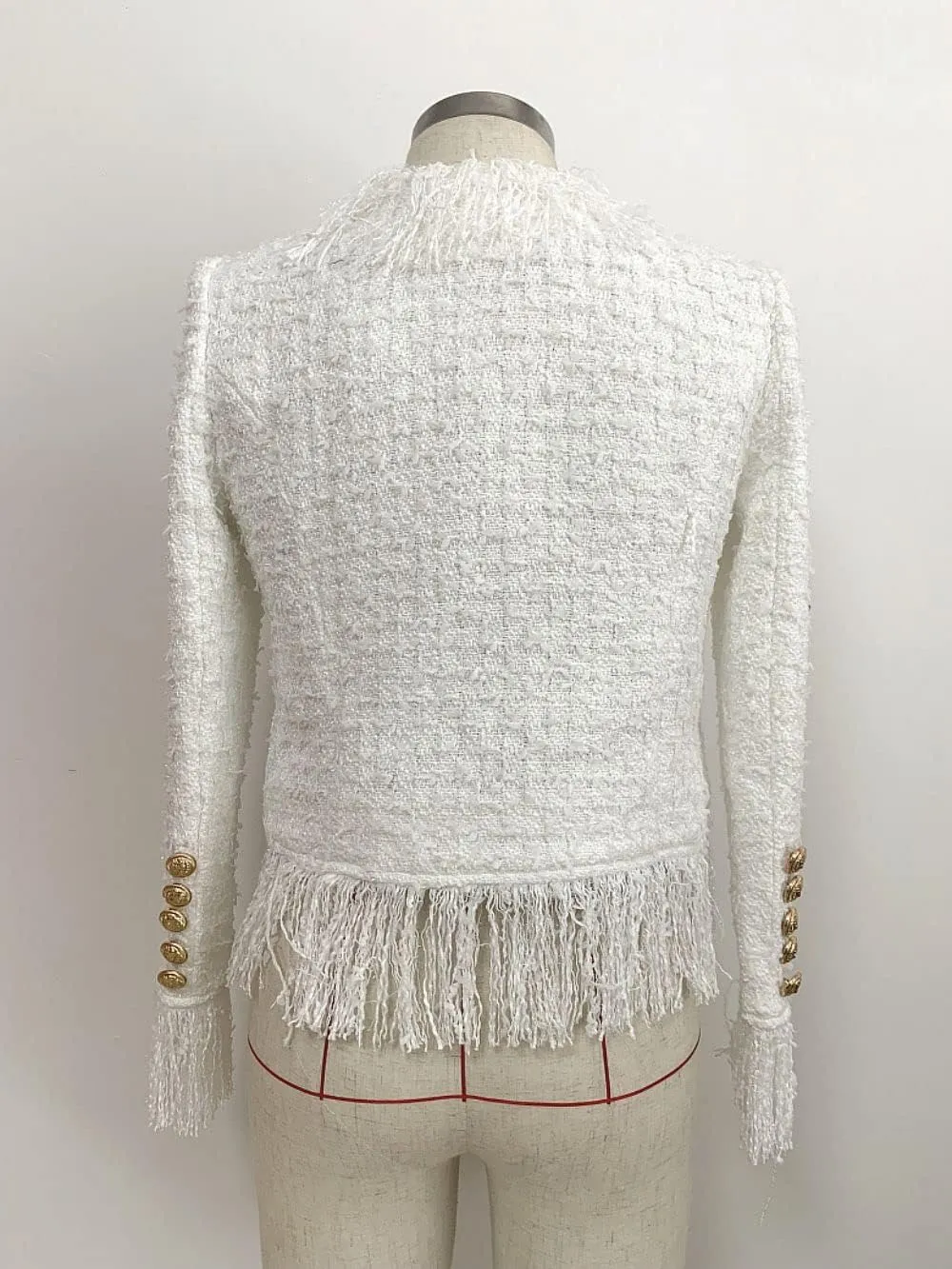 Women's Long Sleeve Plaid Tweed Open Front Cropped Jacket Work Office Pink White Fringes Blazer Coat