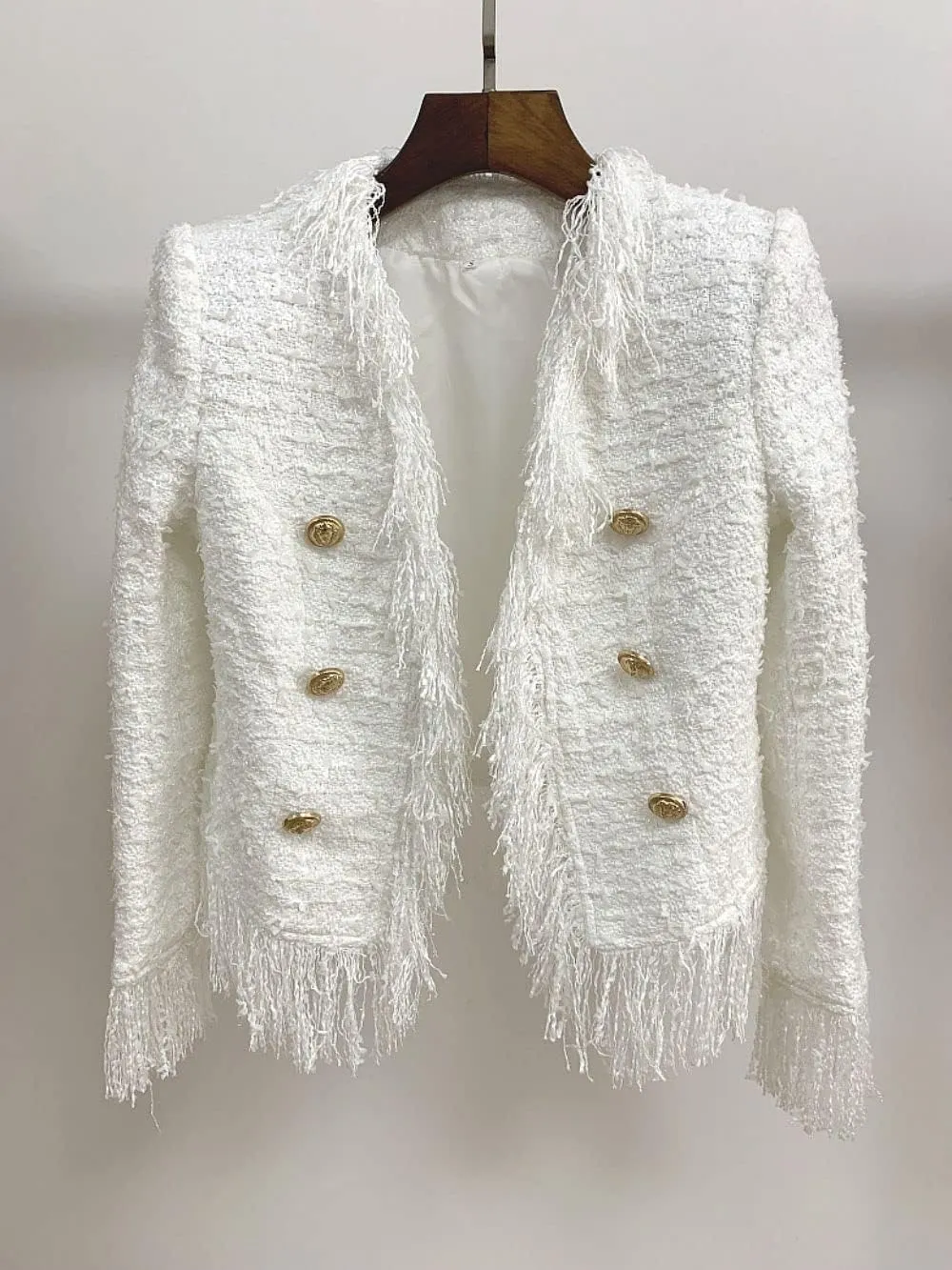 Women's Long Sleeve Plaid Tweed Open Front Cropped Jacket Work Office Pink White Fringes Blazer Coat
