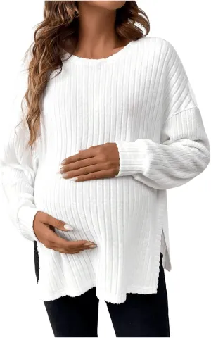 Women's Maternity Knit Tops Round Neck Split Hem Long Sleeve Pullover Ribbed Sweater