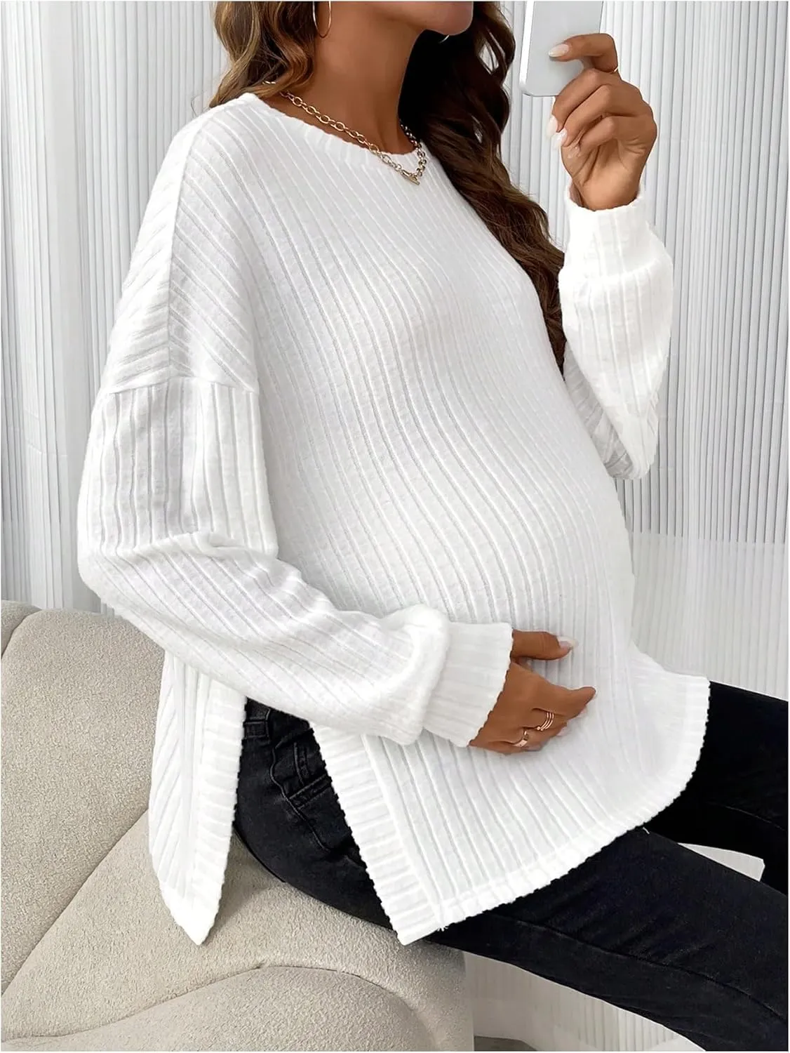 Women's Maternity Knit Tops Round Neck Split Hem Long Sleeve Pullover Ribbed Sweater