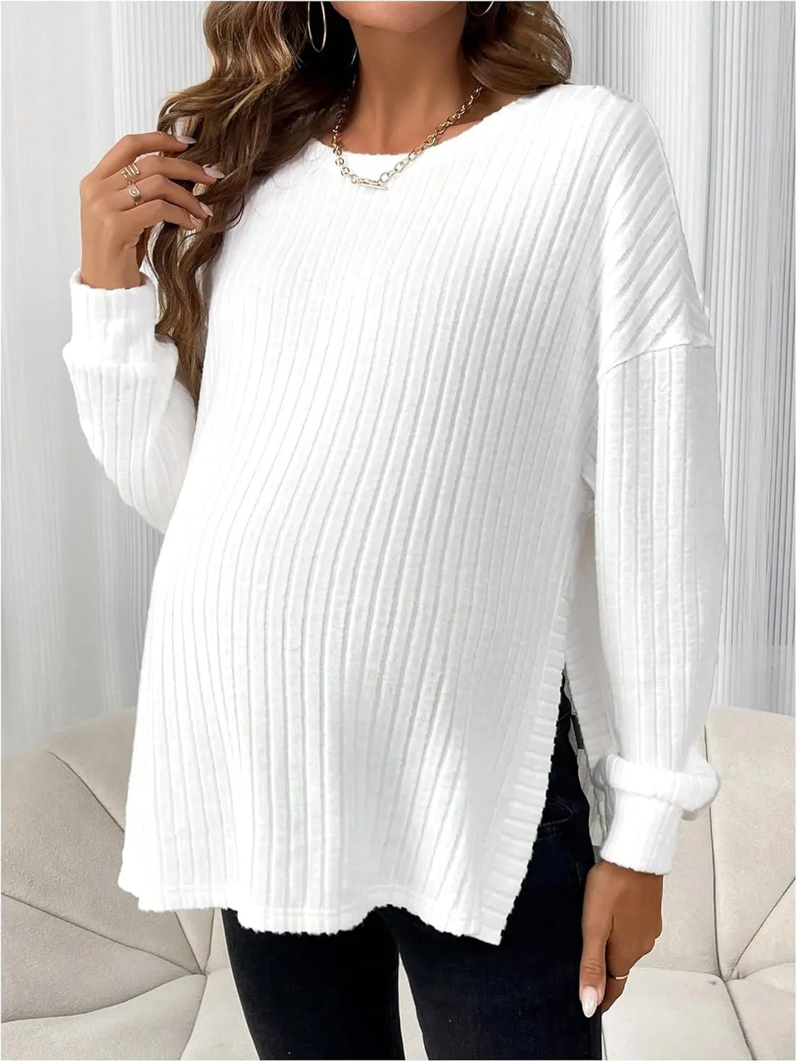 Women's Maternity Knit Tops Round Neck Split Hem Long Sleeve Pullover Ribbed Sweater