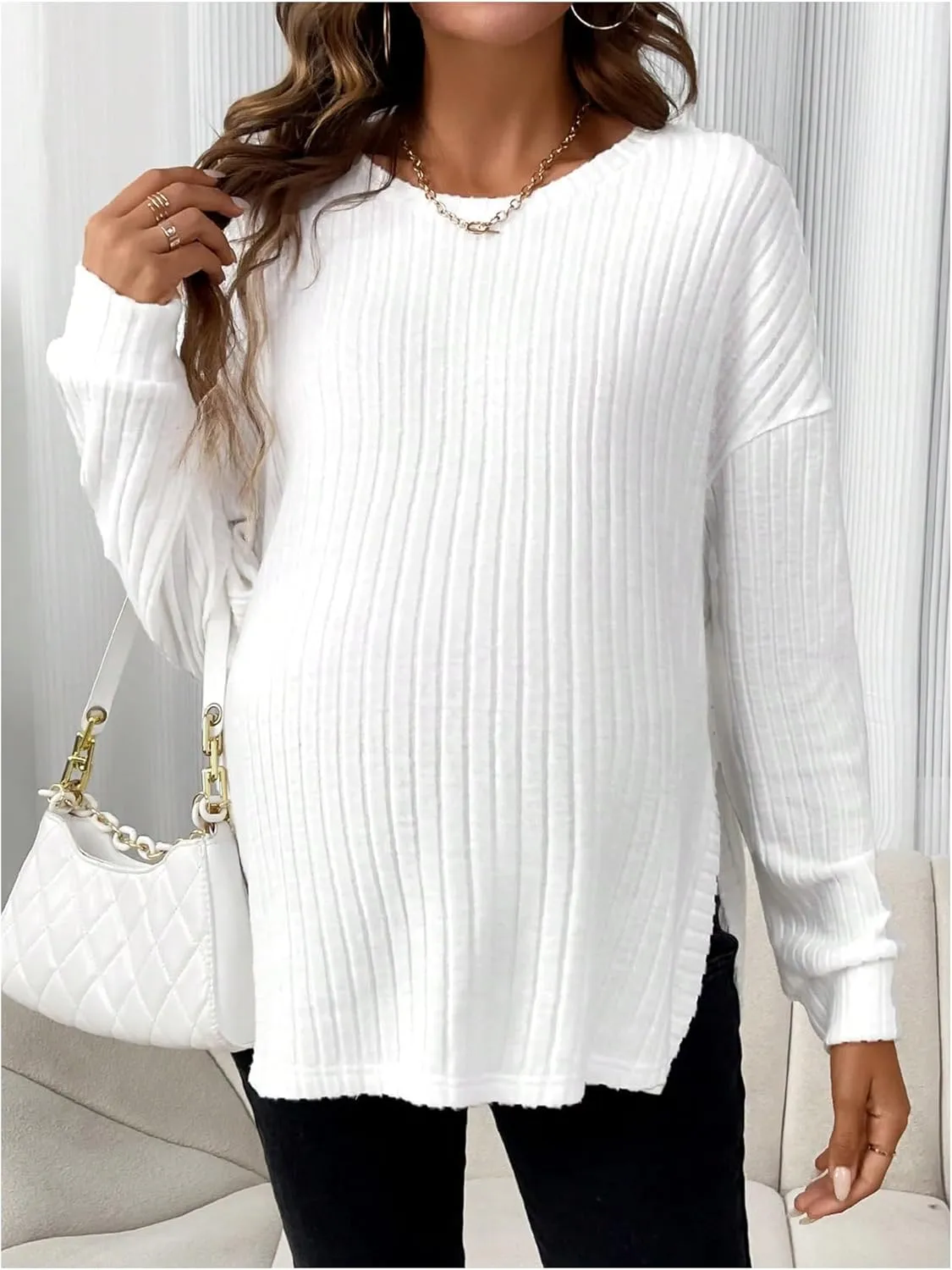 Women's Maternity Knit Tops Round Neck Split Hem Long Sleeve Pullover Ribbed Sweater