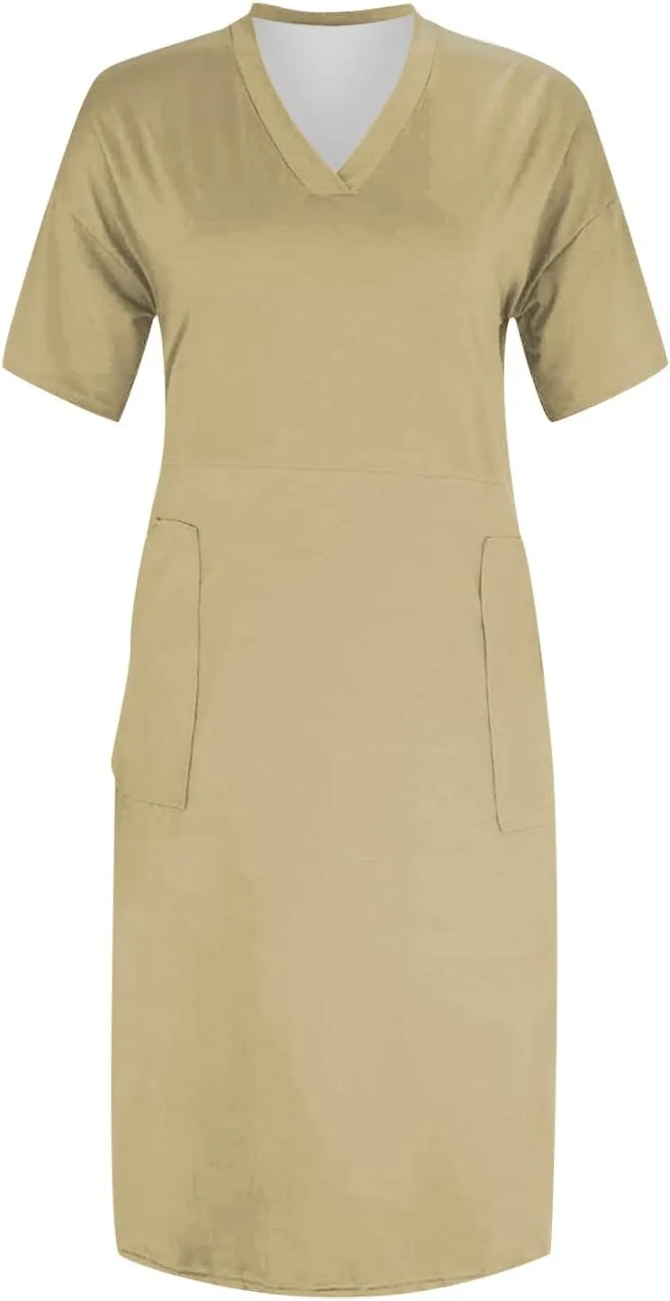 Womens Plus Size Summer Dresses V Neck Short Sleeve Knee Length Dress Oversized Tshirt Midi African Dresses w/Pockets
