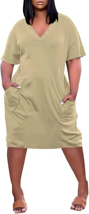 Womens Plus Size Summer Dresses V Neck Short Sleeve Knee Length Dress Oversized Tshirt Midi African Dresses w/Pockets