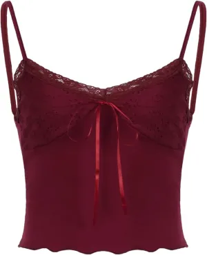 Women's Red Christmas Style Bow Lace Splicing Hollow Sleeveless Camisole