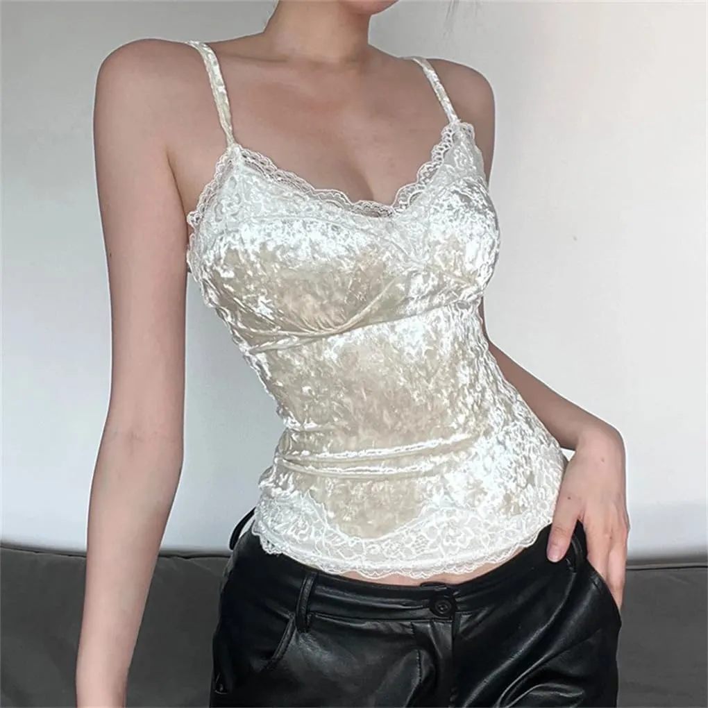 Women's Retro V-Neck Corduroy Lace Patchwork Slim Fit Cami Sleeveless Camisole Top