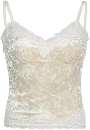 Women's Retro V-Neck Corduroy Lace Patchwork Slim Fit Cami Sleeveless Camisole Top