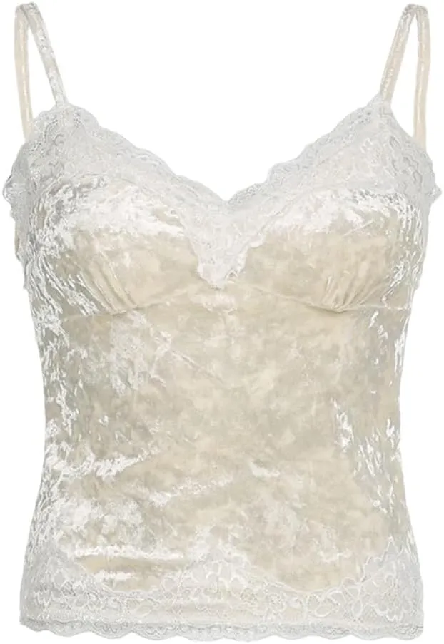 Women's Retro V-Neck Corduroy Lace Patchwork Slim Fit Cami Sleeveless Camisole Top