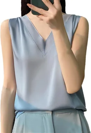 Women's Satin Lightweight Short Sleeved T-Shirt Solid Color Casual Simple Sleeveless Camisole