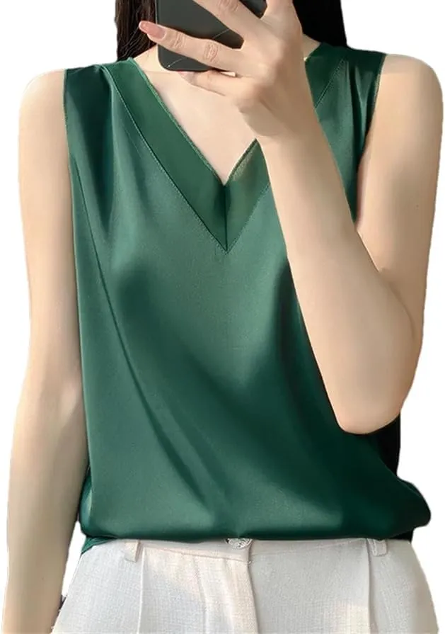 Women's Satin Lightweight Short Sleeved T-Shirt Solid Color Casual Simple Sleeveless Camisole