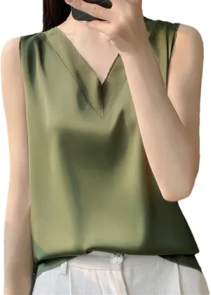 Women's Satin Lightweight Short Sleeved T-Shirt Solid Color Casual Simple Sleeveless Camisole