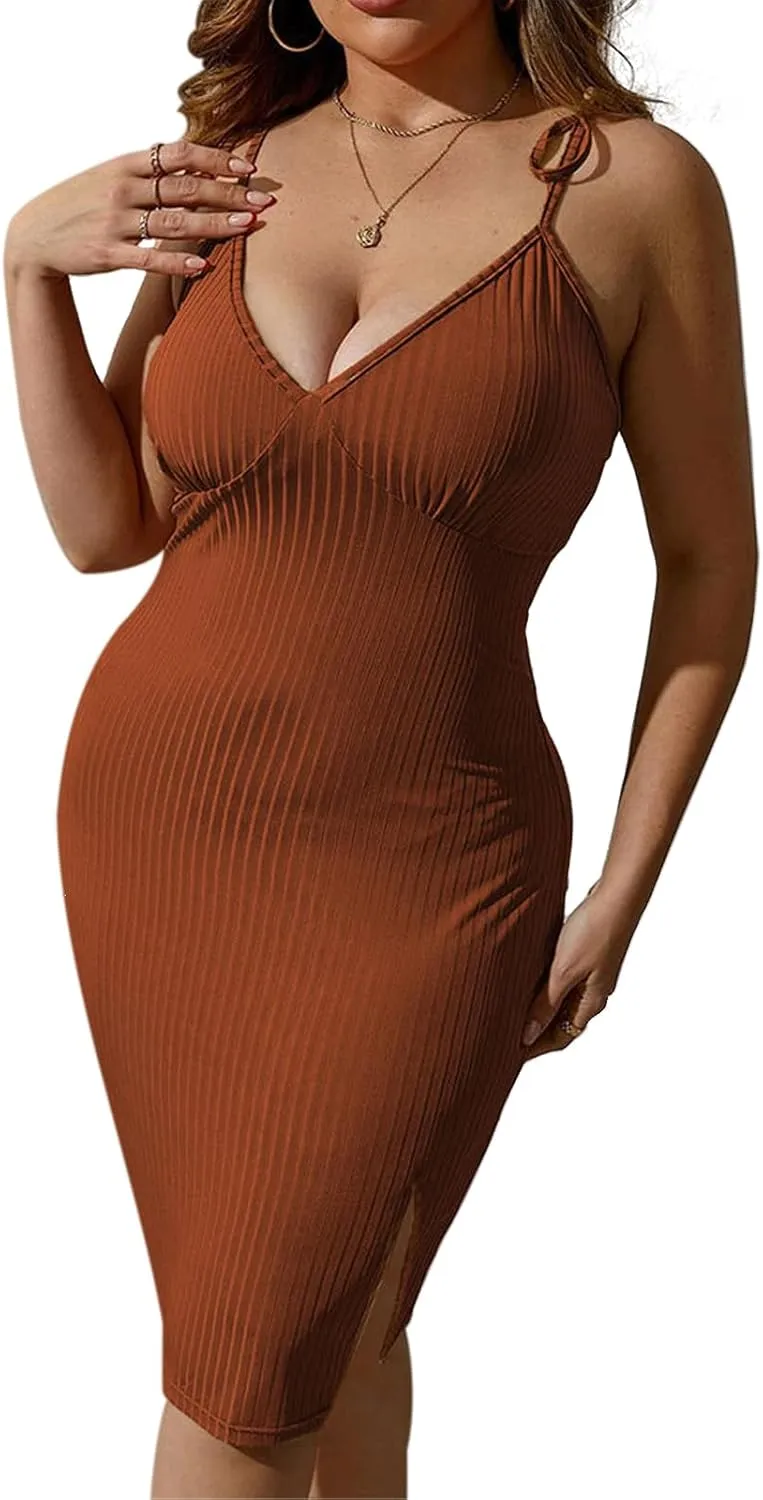 Womens Sexy Ribbed Bodycon Dress Plus Size Spaghetti Strap Sleeveless Maxi Dress Deep V Halter Beach Party Club Midi Dress