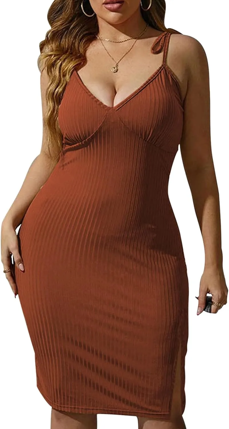 Womens Sexy Ribbed Bodycon Dress Plus Size Spaghetti Strap Sleeveless Maxi Dress Deep V Halter Beach Party Club Midi Dress