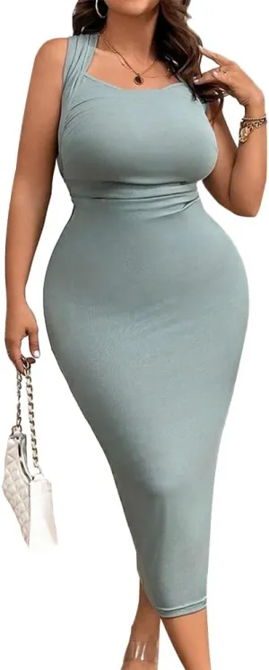 Womens Sexy Ribbed Bodycon Dress Plus Size Spaghetti Strap Sleeveless Maxi Dress Deep V Halter Beach Party Club Midi Dress