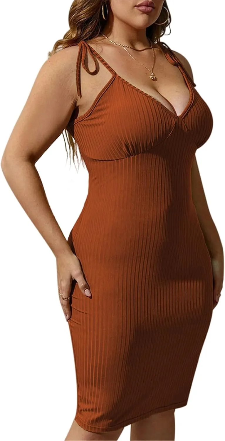 Womens Sexy Ribbed Bodycon Dress Plus Size Spaghetti Strap Sleeveless Maxi Dress Deep V Halter Beach Party Club Midi Dress