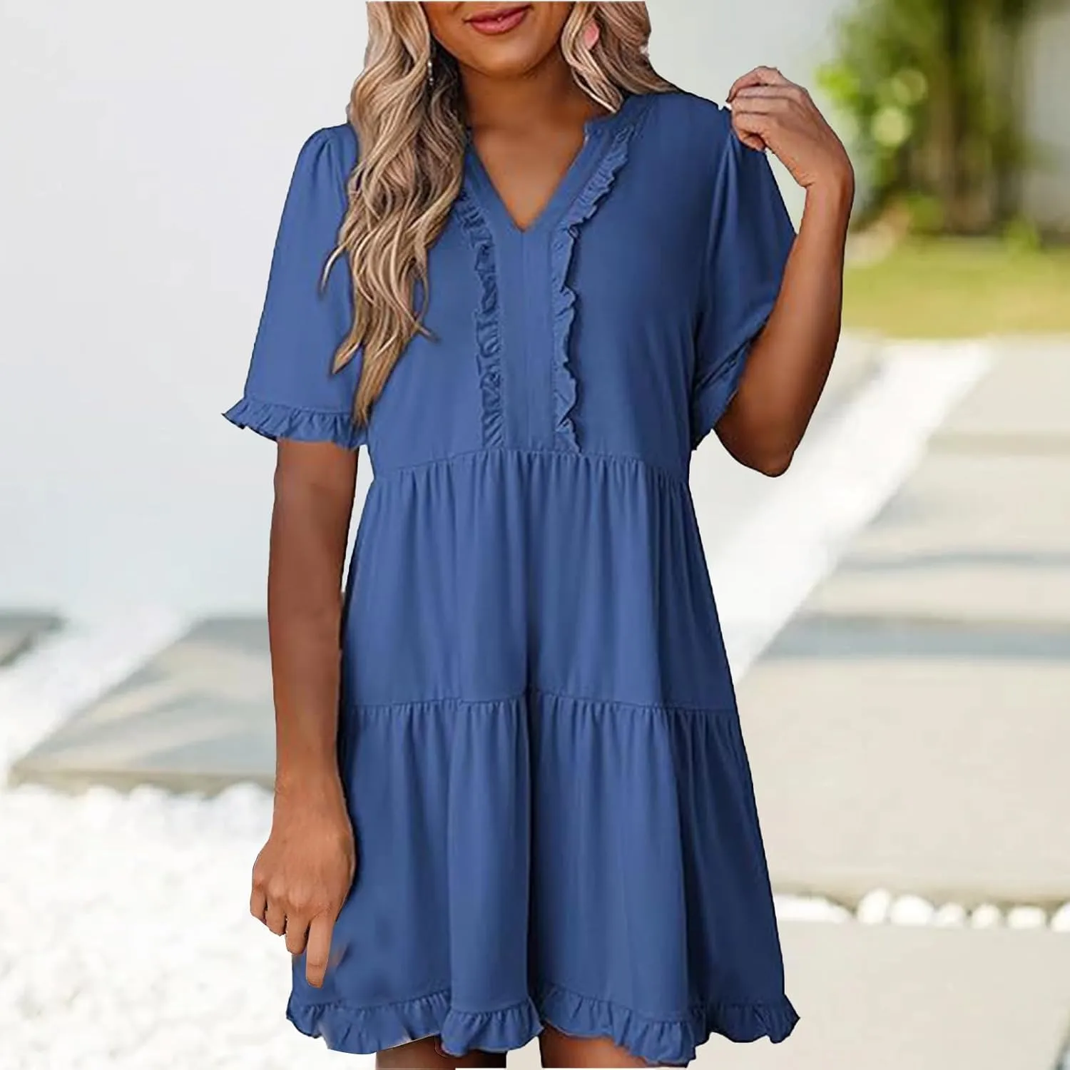 Womens Short Sleeve Dresses Summer V Neck A Line Ruffle Shift Dress Spring Casual Flowy Swing Beach Mini Dress