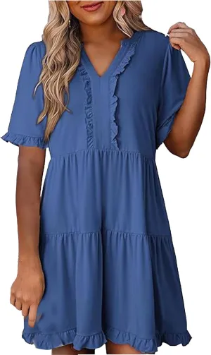 Womens Short Sleeve Dresses Summer V Neck A Line Ruffle Shift Dress Spring Casual Flowy Swing Beach Mini Dress