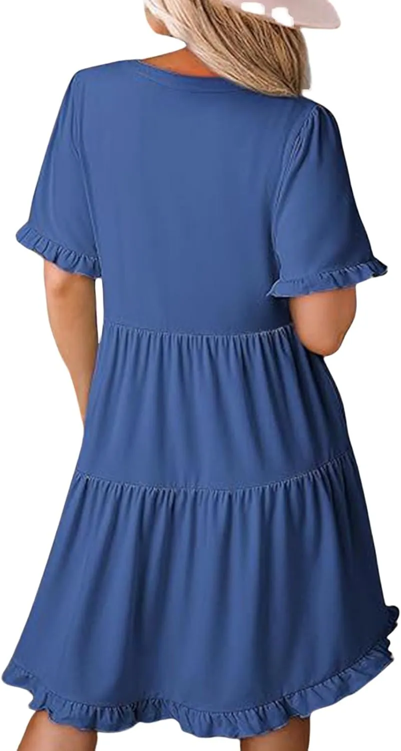 Womens Short Sleeve Dresses Summer V Neck A Line Ruffle Shift Dress Spring Casual Flowy Swing Beach Mini Dress
