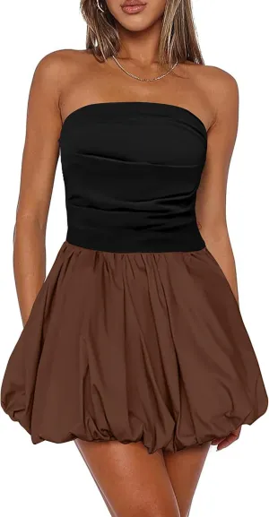 Women's Strapless Tube Top Bubble Mini Dress Ruched Bow Back Dresses Party Cocktail