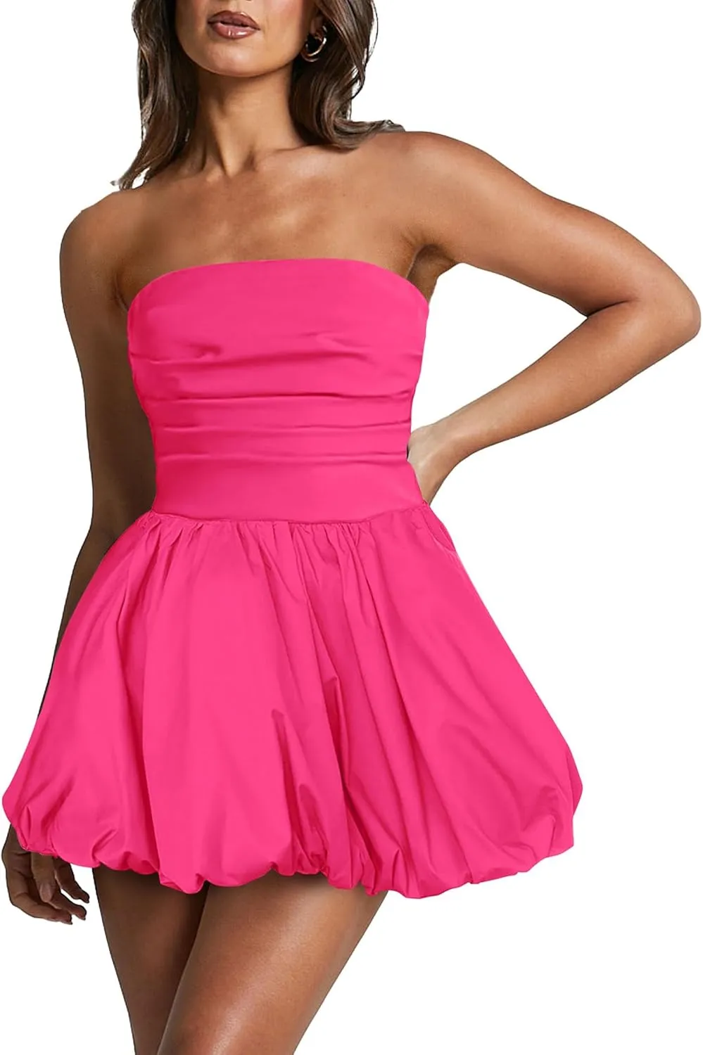 Women's Strapless Tube Top Bubble Mini Dress Ruched Bow Back Dresses Party Cocktail