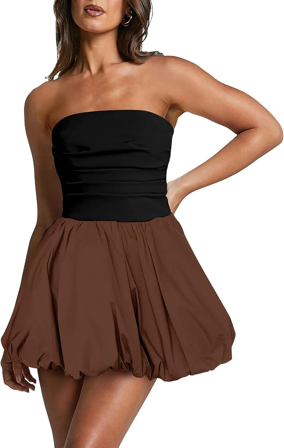 Women's Strapless Tube Top Bubble Mini Dress Ruched Bow Back Dresses Party Cocktail