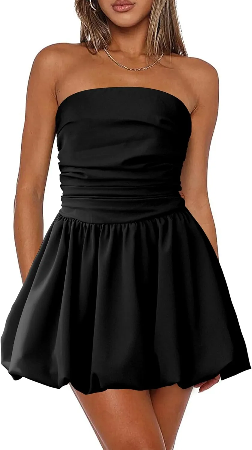 Women's Strapless Tube Top Bubble Mini Dress Ruched Bow Back Dresses Party Cocktail