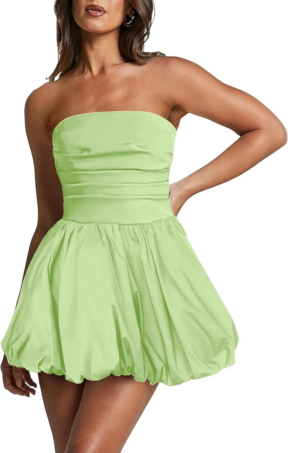 Women's Strapless Tube Top Bubble Mini Dress Ruched Bow Back Dresses Party Cocktail