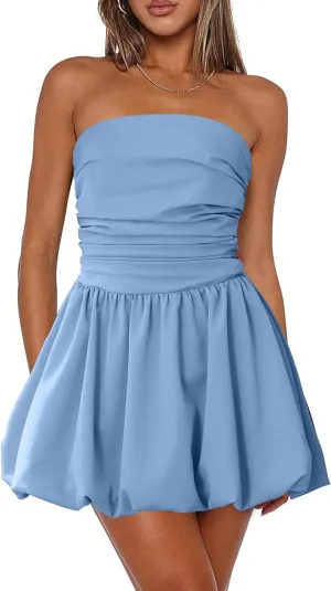 Women's Strapless Tube Top Bubble Mini Dress Ruched Bow Back Dresses Party Cocktail