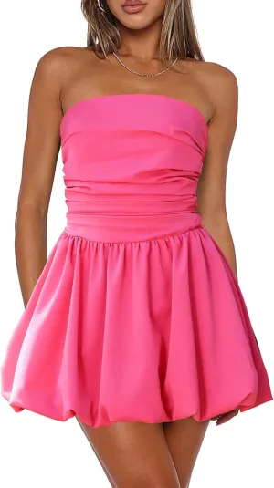 Women's Strapless Tube Top Bubble Mini Dress Ruched Bow Back Dresses Party Cocktail