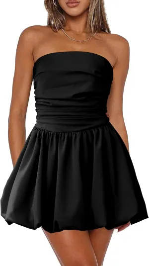 Women's Strapless Tube Top Bubble Mini Dress Ruched Bow Back Dresses Party Cocktail