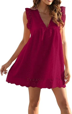 Womens Summer Dresses Cap Sleeve Babydoll Eyelet Ruffle V Neck Mini Dress Plus Size Casual Loose Sundress with Pockets Party