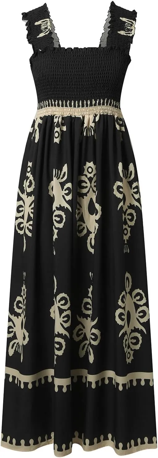 Women's Summer Dresses Sleeveless Casual Boho Maxi Long Dress Square Neck Smocked Floral Beach Vacation Sundresses 3